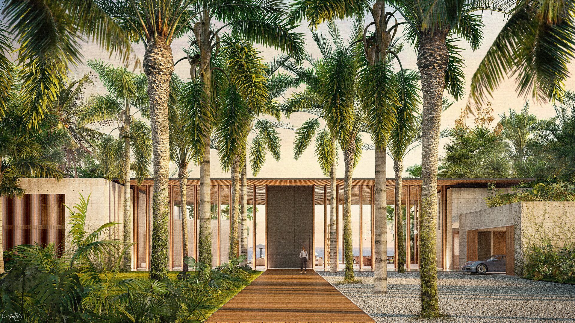 Bay Point, acceso principal entre palmeras en Miami, Estados Unidos